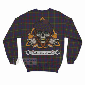 Durie Tartan Sweatshirt with Family Crest and Bearded Skull Holding Bottles of Whiskey - Tartan Vibes Clothing