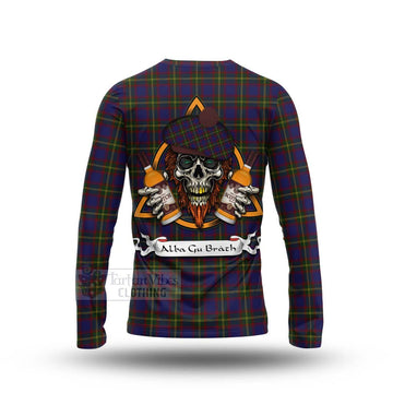 Durie Tartan Long Sleeve T-Shirt with Family Crest and Bearded Skull Holding Bottles of Whiskey - Tartan Vibes Clothing