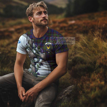 Durie Tartan T-Shirt with Family Crest and St. Andrew's Cross Accented by Thistle Vines - Tartan Vibes Clothing