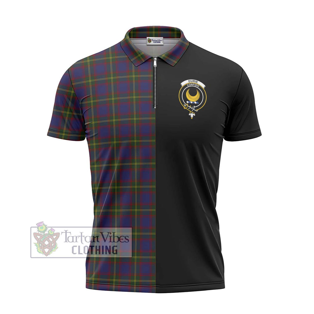 Durie Tartan Zipper Polo Shirt with Family Crest and Half Of Me Style - Tartanvibesclothing Shop