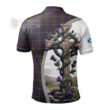Durie Tartan Polo Shirt with Family Crest and St. Andrew's Cross Accented by Thistle Vines - Tartan Vibes Clothing