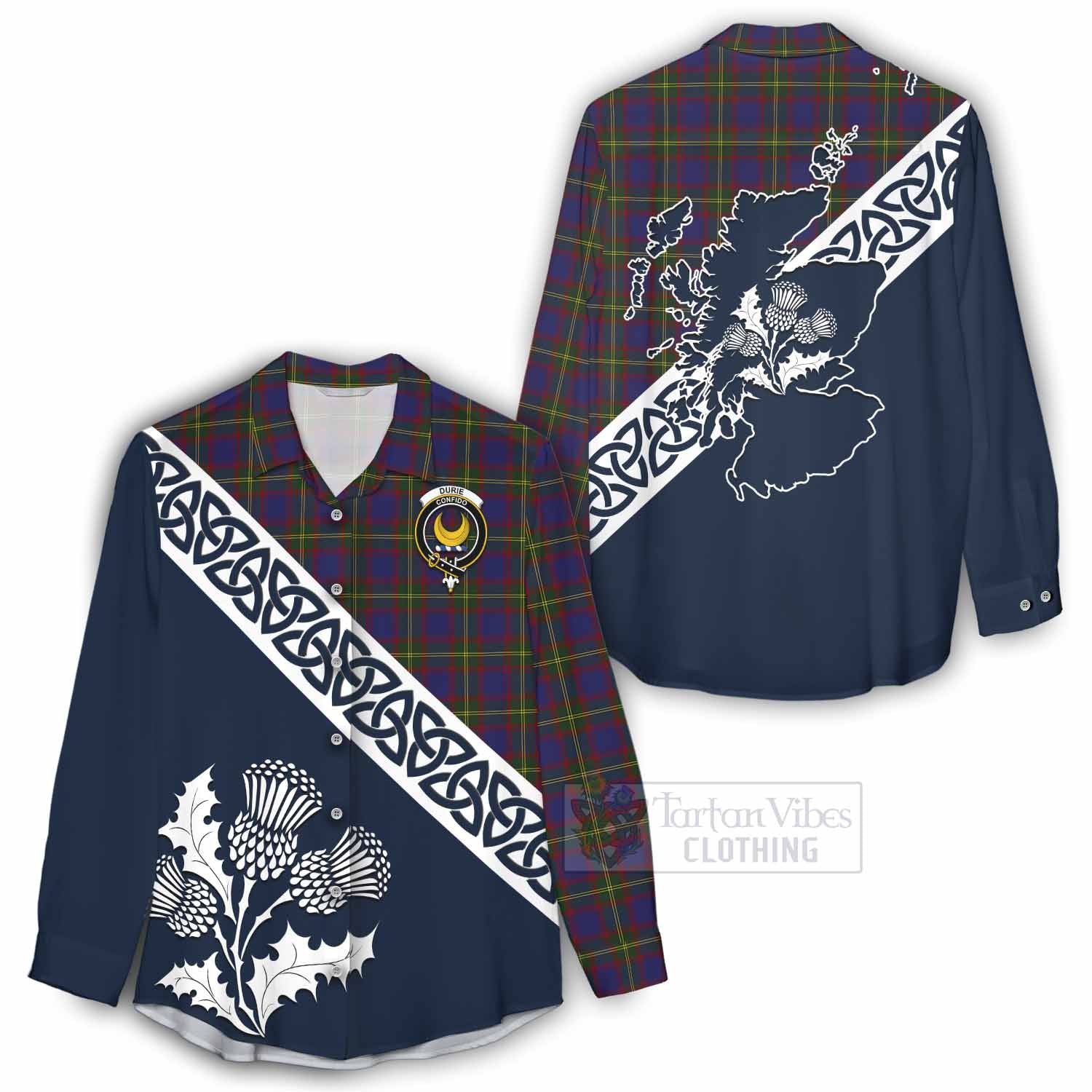 Durie Tartan Women's Casual Shirt Featuring Thistle and Scotland Map - Tartan Vibes Clothing