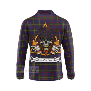 Durie Tartan Long Sleeve Polo Shirt with Family Crest and Bearded Skull Holding Bottles of Whiskey - Tartan Vibes Clothing