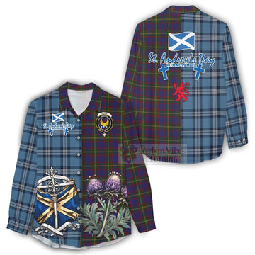 Durie Tartan Women's Casual Shirt Happy St. Andrew's Day Half Tartan Style - Tartan Vibes Clothing