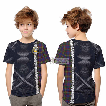 Durie Tartan Kid T-Shirt with Family Crest Cross Sword Thistle Celtic Vibes - Tartan Vibes Clothing