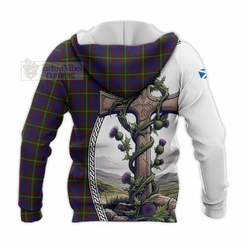Durie Tartan Knitted Hoodie with Family Crest and St. Andrew's Cross Accented by Thistle Vines - Tartan Vibes Clothing
