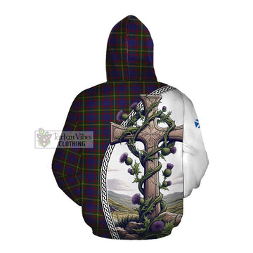 Durie Tartan Cotton Hoodie with Family Crest and St. Andrew's Cross Accented by Thistle Vines Pullover Hoodie - Tartan Vibes Clothing