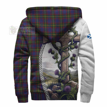 Durie Tartan Sherpa Hoodie with Family Crest and St. Andrew's Cross Accented by Thistle Vines - Tartan Vibes Clothing