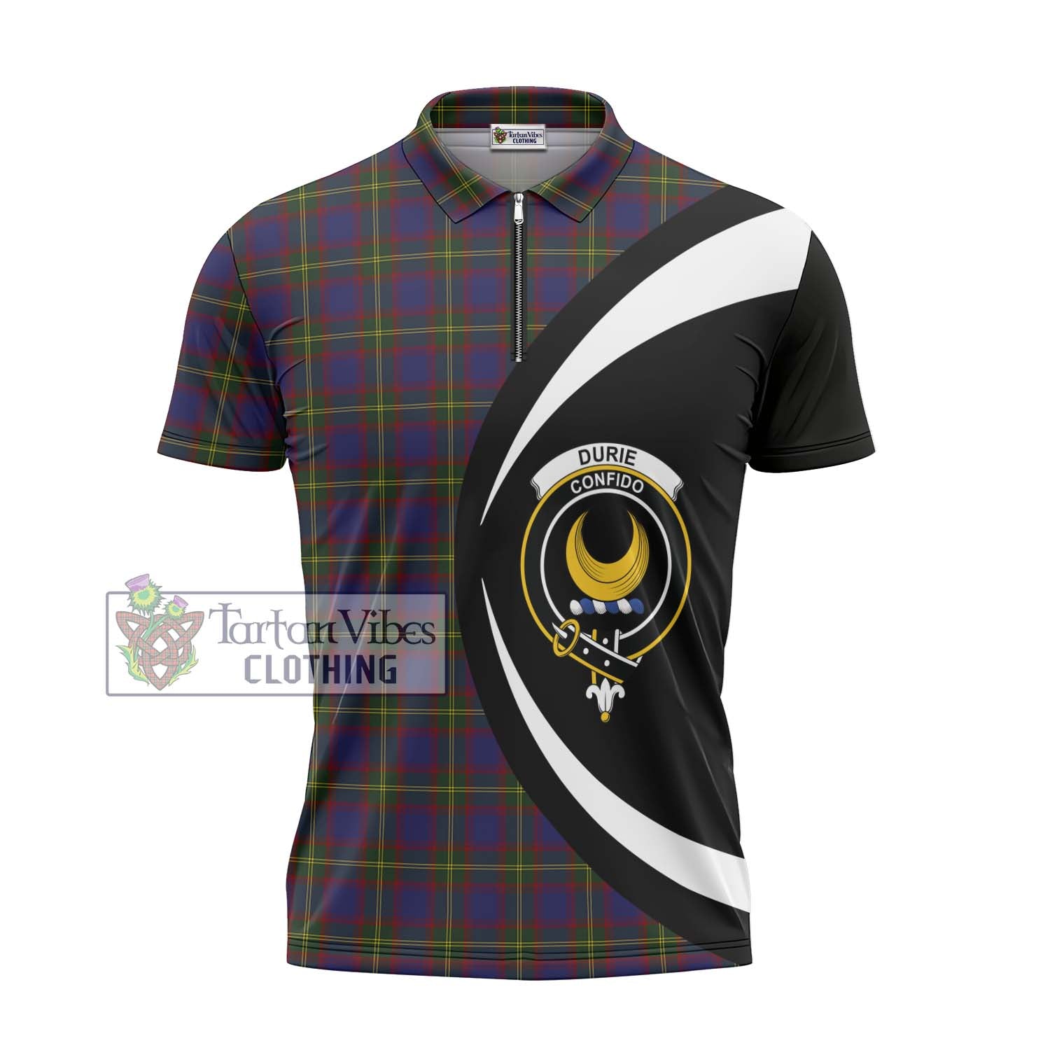 Durie Tartan Zipper Polo Shirt with Family Crest Circle Style - Tartan Vibes Clothing
