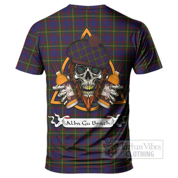 Durie Tartan T-Shirt with Family Crest and Bearded Skull Holding Bottles of Whiskey - Tartan Vibes Clothing