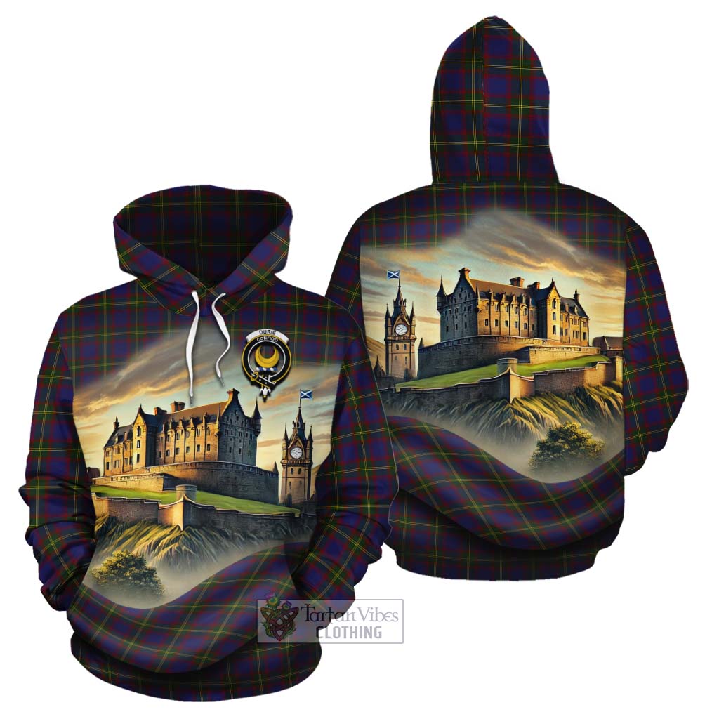 Durie Tartan Family Crest Cotton Hoodie with Scottish Ancient Castle Style - Tartan Vibes Clothing