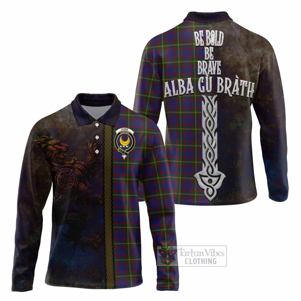 Tartan Vibes Clothing Durie Tartan Family Crest Long Sleeve Polo Shirt Alba Gu Brath Be Brave Lion Ancient Style