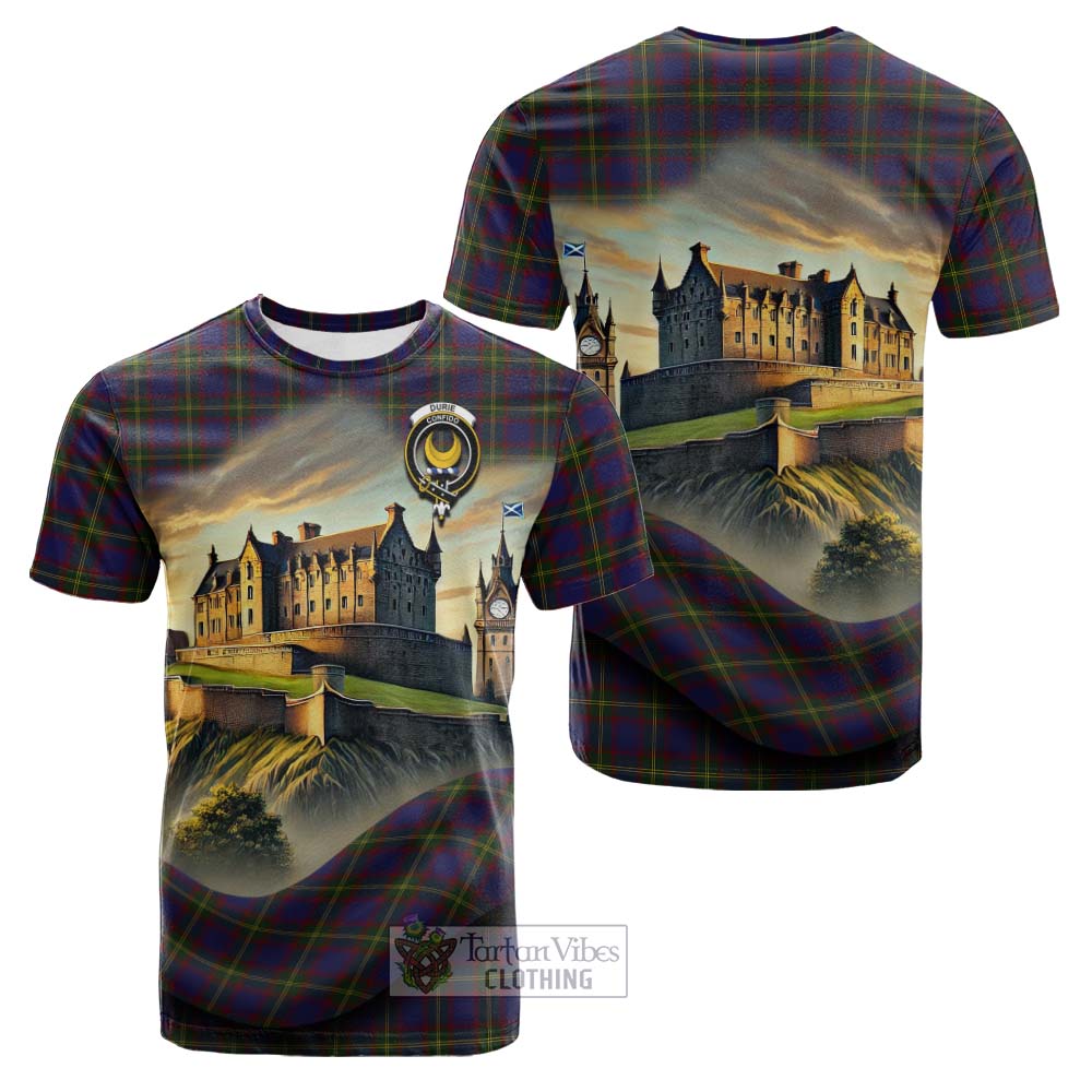 Durie Tartan Family Crest Cotton T-shirt with Scottish Ancient Castle Style - Tartan Vibes Clothing
