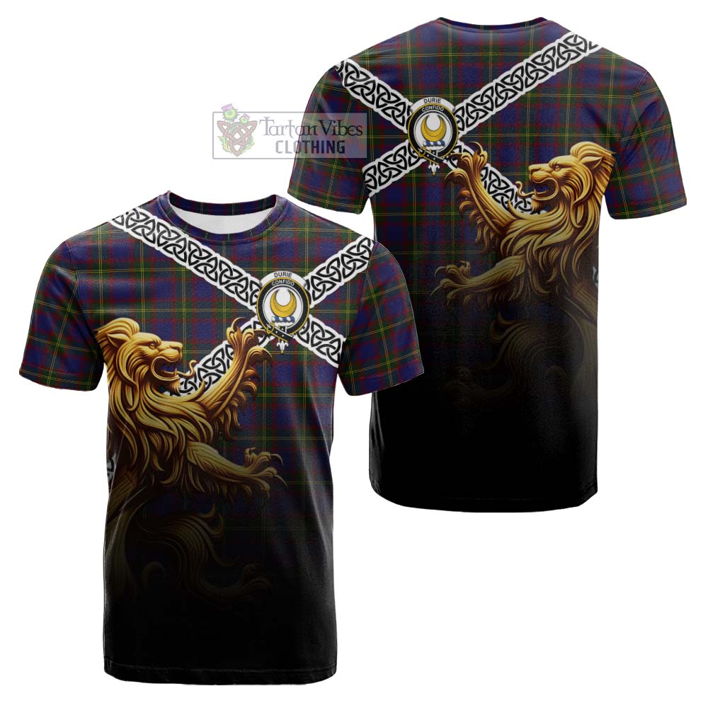 Durie Crest Tartan Cotton T-shirt with Golden Lion Emblem Celtic Style - Tartan Vibes Clothing