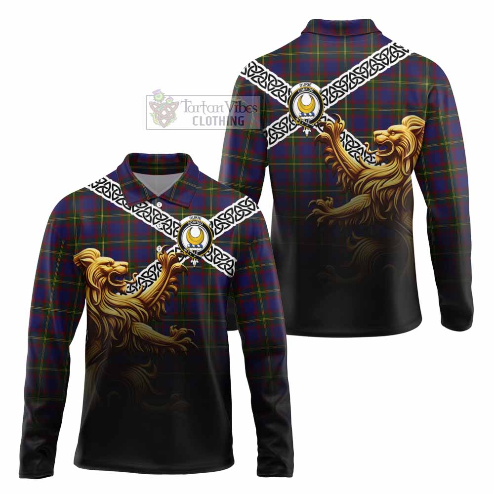 Durie Crest Tartan Long Sleeve Polo Shirt with Golden Lion Emblem Celtic Style - Tartan Vibes Clothing