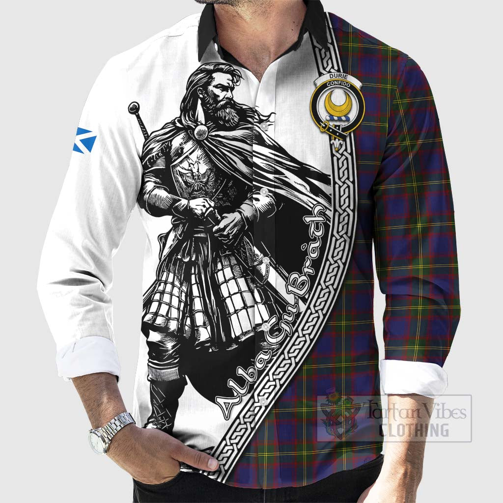 Durie Tartan Clan Crest Long Sleeve Button Shirt with Highlander Warrior Celtic Style - Tartan Vibes Clothing