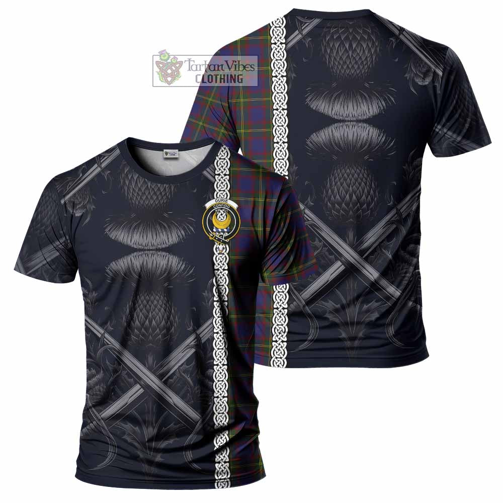 Durie Tartan T-Shirt with Family Crest Cross Sword Thistle Celtic Vibes - Tartan Vibes Clothing