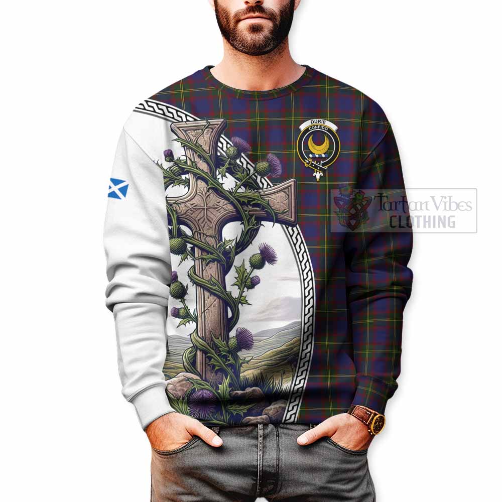 Durie Tartan Sweatshirt with Family Crest and St. Andrew's Cross Accented by Thistle Vines - Tartan Vibes Clothing