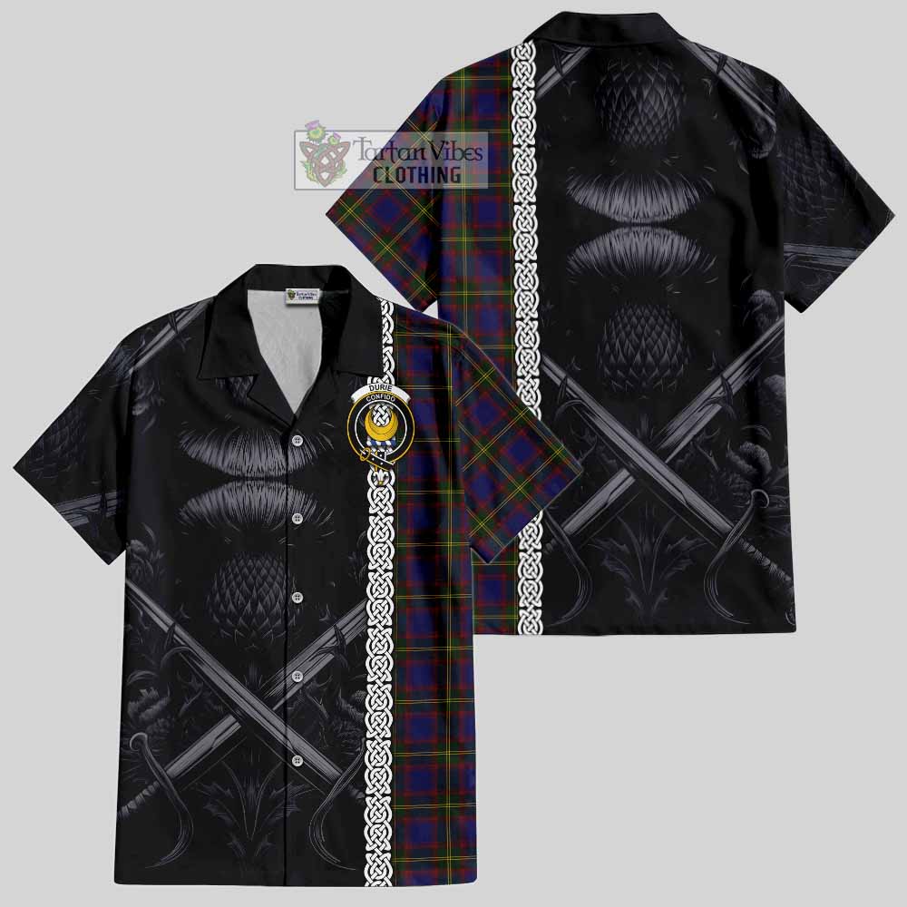 Durie Tartan Hawaiian Shirt with Family Crest Cross Sword Thistle Celtic Vibes - Tartan Vibes Clothing