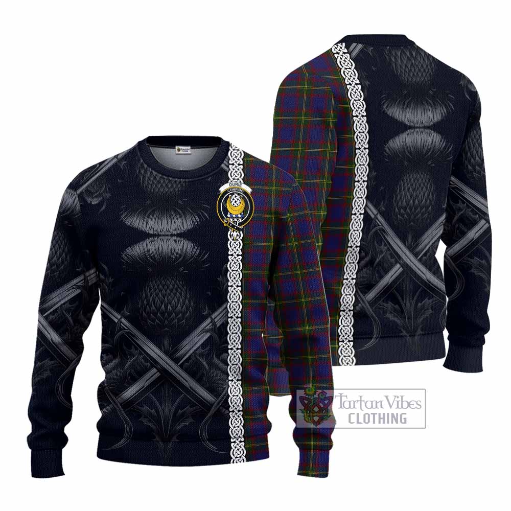 Durie Tartan Knitted Sweater with Family Crest Cross Sword Thistle Celtic Vibes - Tartan Vibes Clothing