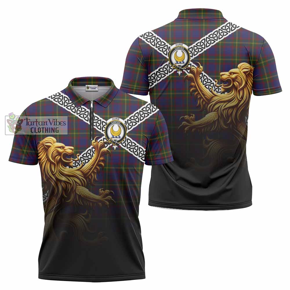 Durie Crest Tartan Zipper Polo Shirt with Golden Lion Emblem Celtic Style - Tartan Vibes Clothing