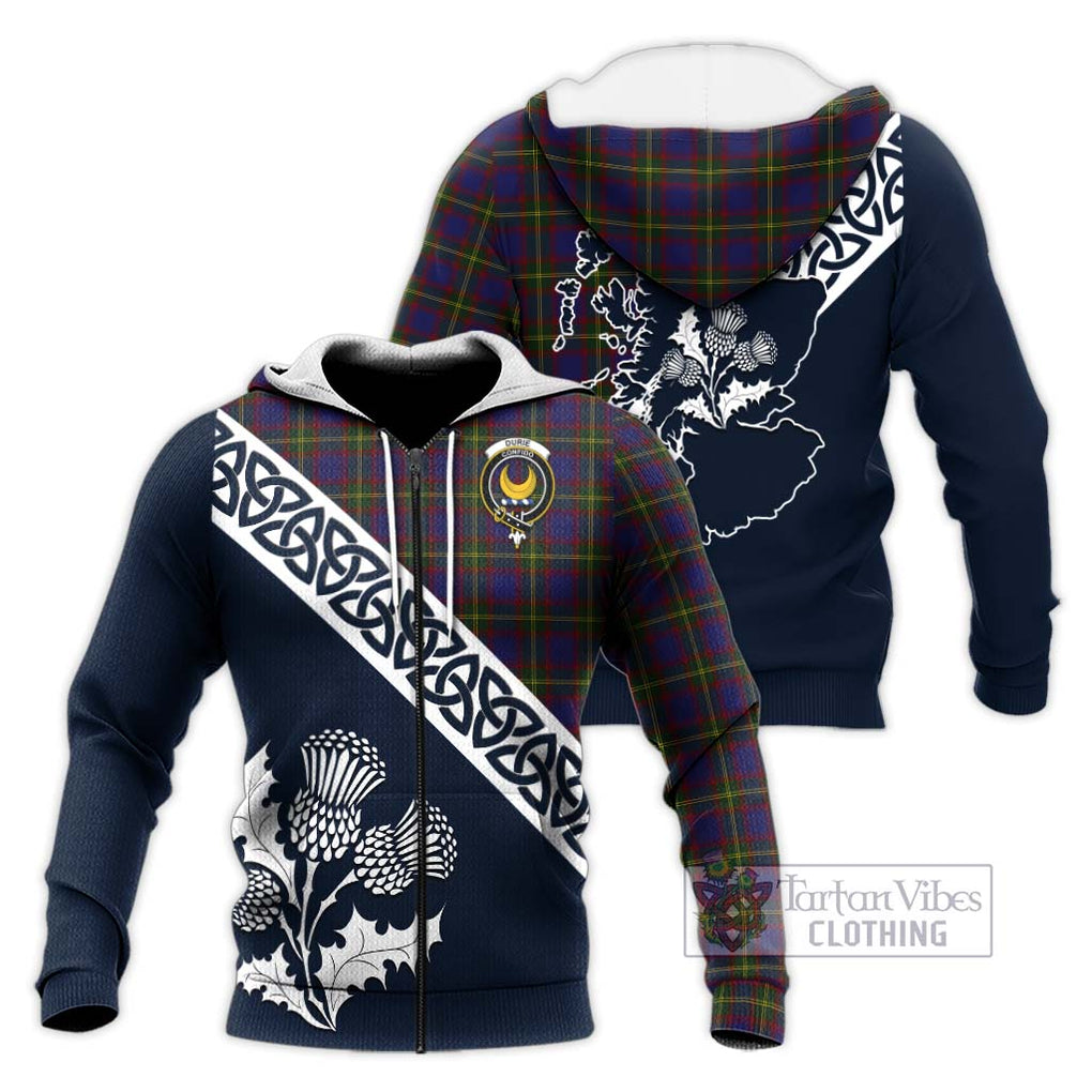 Durie Tartan Knitted Hoodie Featuring Thistle and Scotland Map Unisex Knitted Zip Hoodie - Tartan Vibes Clothing