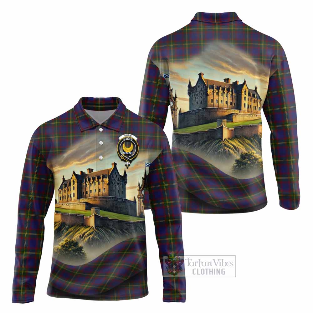 Durie Tartan Family Crest Long Sleeve Polo Shirt with Scottish Ancient Castle Style - Tartan Vibes Clothing