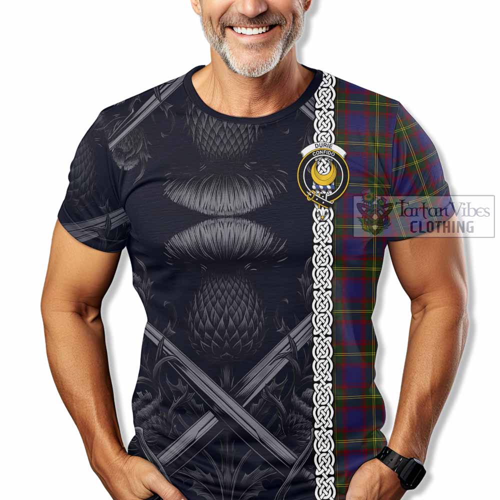 Durie Tartan T-Shirt with Family Crest Cross Sword Thistle Celtic Vibes - Tartan Vibes Clothing