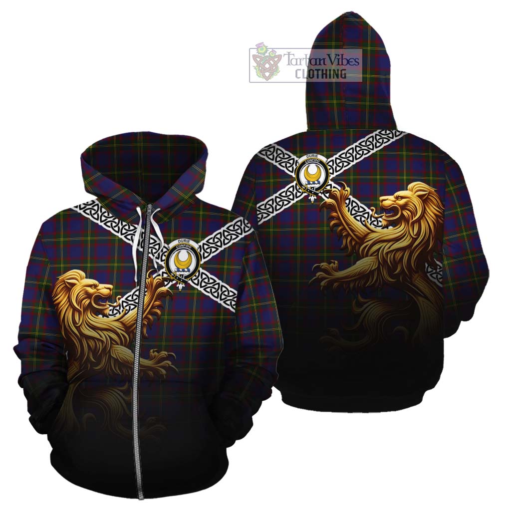 Durie Crest Tartan Cotton Hoodie with Golden Lion Emblem Celtic Style Zip Hoodie - Tartan Vibes Clothing
