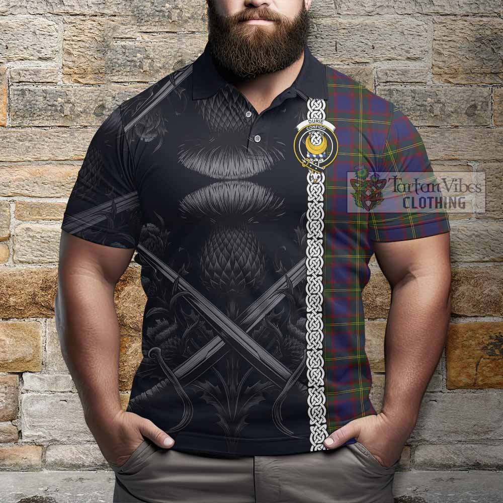 Durie Tartan Polo Shirt with Family Crest Cross Sword Thistle Celtic Vibes - Tartan Vibes Clothing