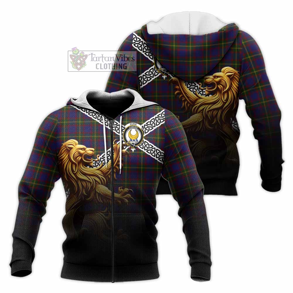Durie Crest Tartan Knitted Hoodie with Golden Lion Emblem Celtic Style Unisex Knitted Zip Hoodie - Tartan Vibes Clothing