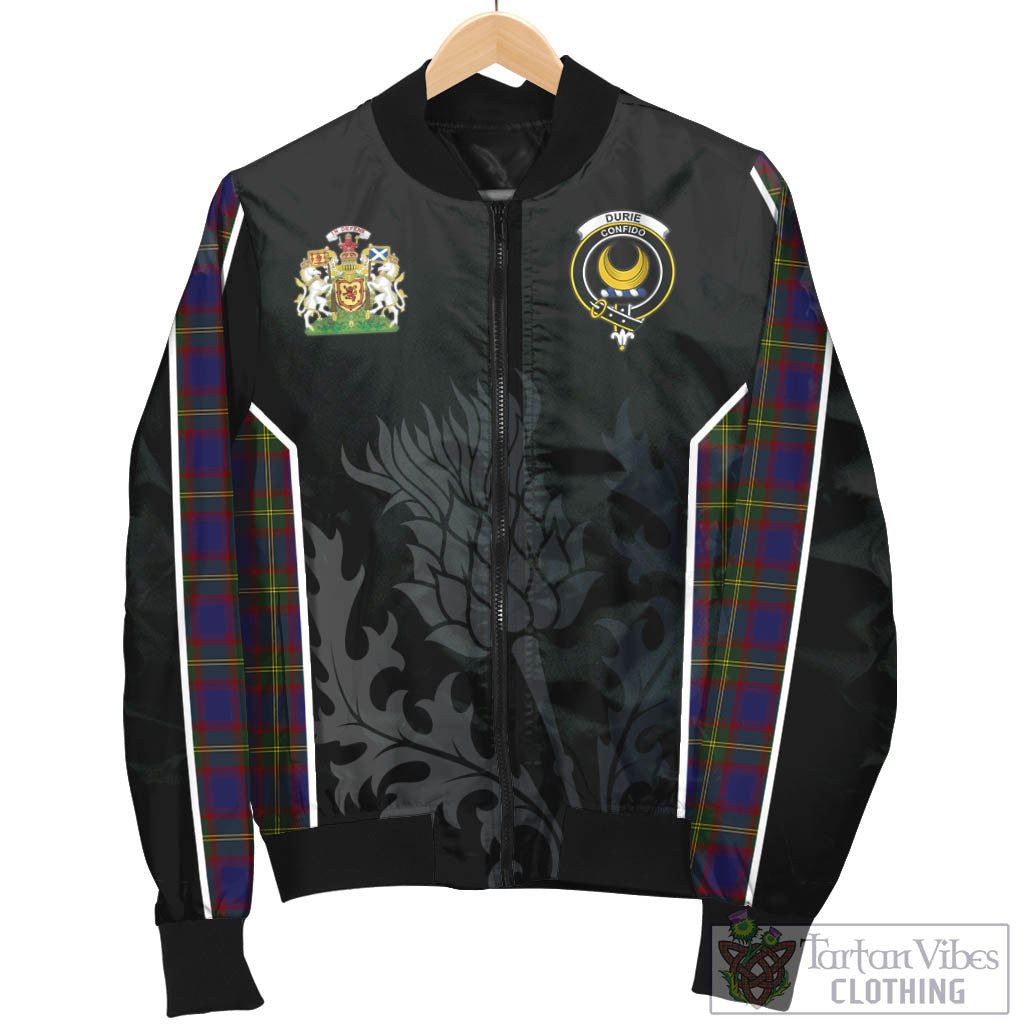Durie Tartan Bomber Jacket with Family Crest and Scottish Thistle Vibes Sport Style - Tartan Vibes Clothing
