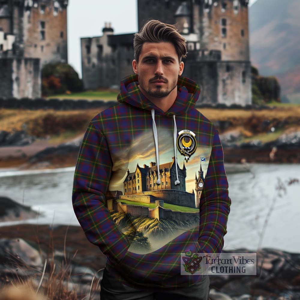 Durie Tartan Family Crest Cotton Hoodie with Scottish Ancient Castle Style - Tartan Vibes Clothing