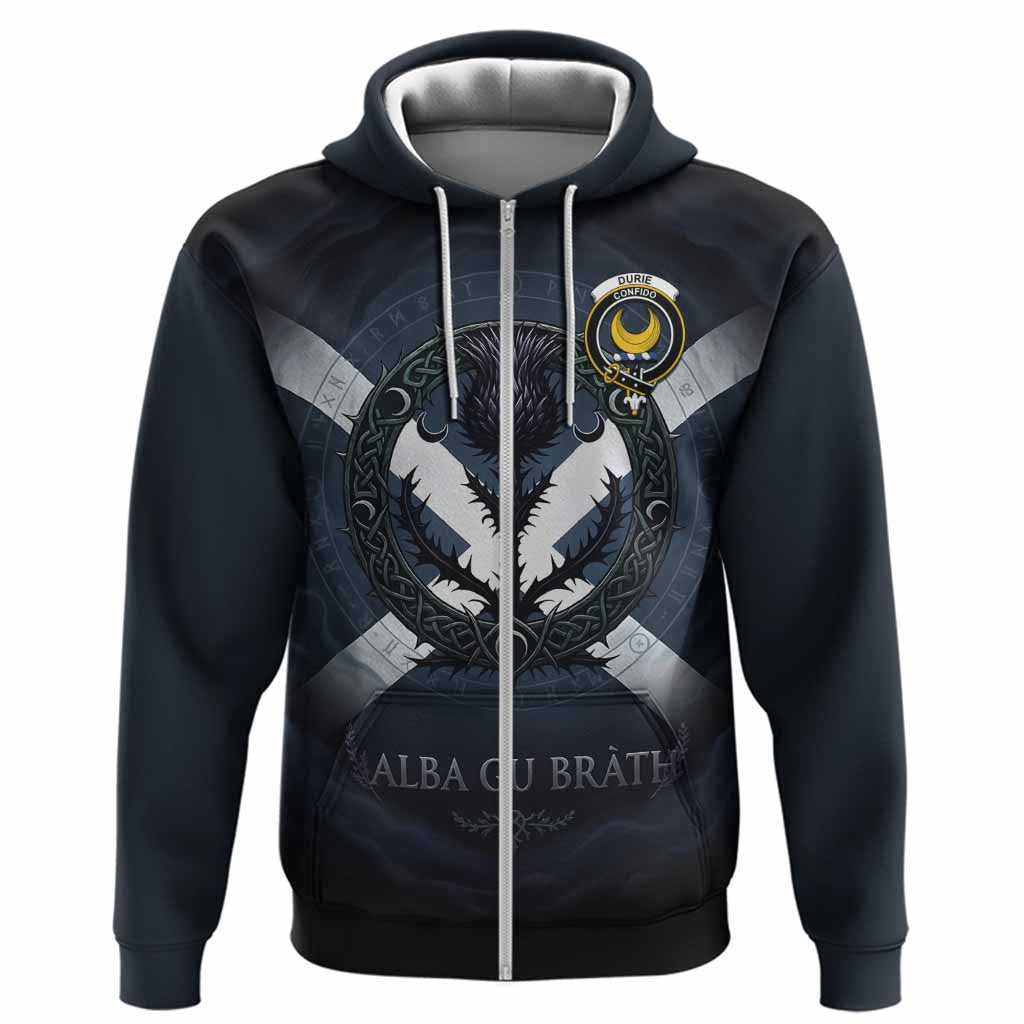 Durie Clan Crest Hoodie with Celtic Knot Thistle and Saltire