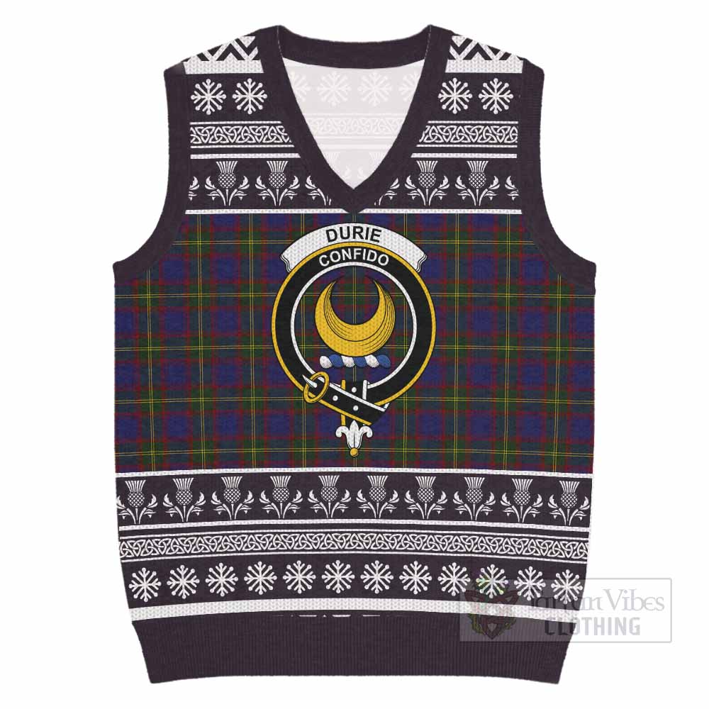 Durie Clan Tartan Christmas Knitted V-Neck Vest with Family Crest - Tartan Vibes Clothing