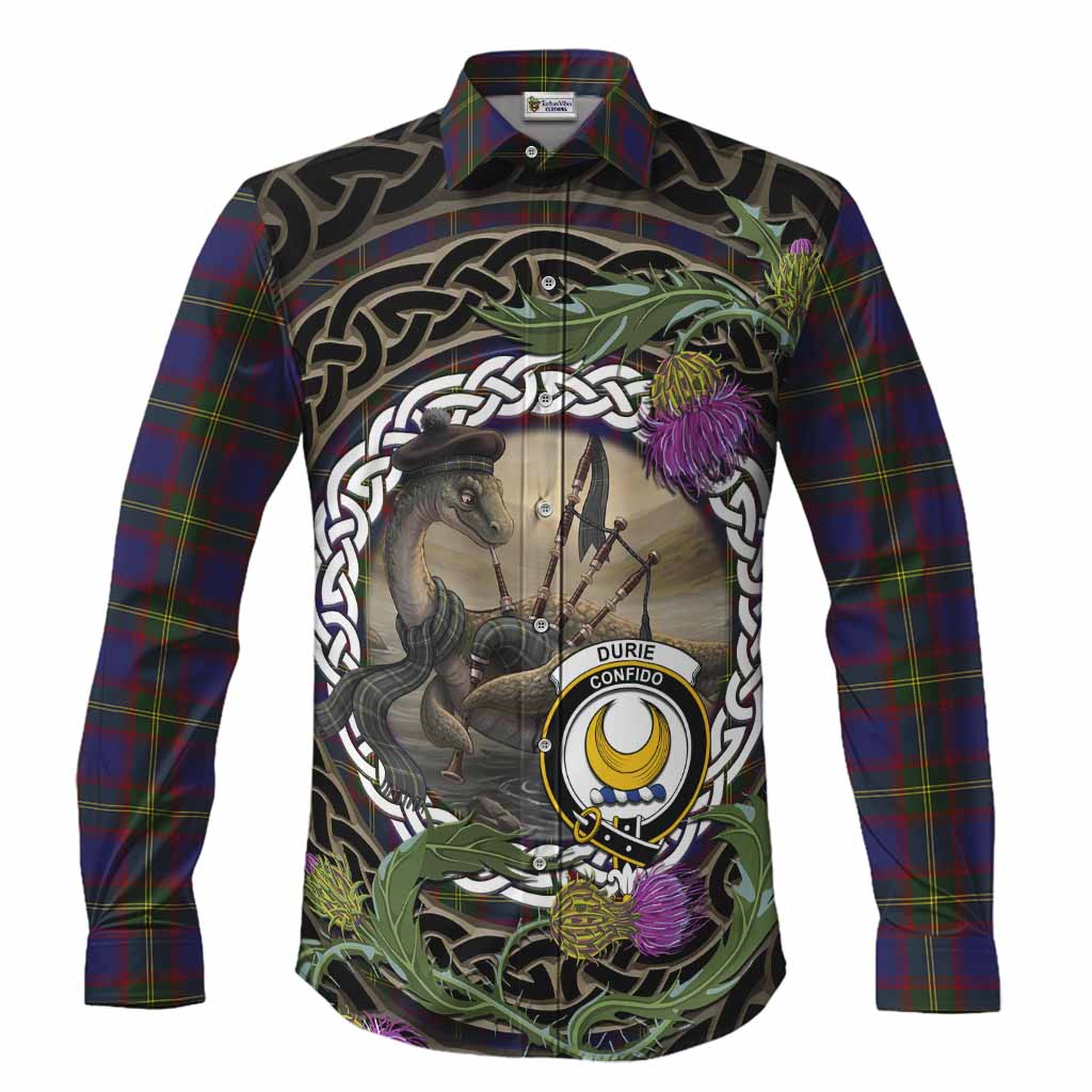 Durie Tartan Crest Bagpipe Nessie Long Sleeve Button Shirts Scottish Loch Ness Monster Celtic Thistle