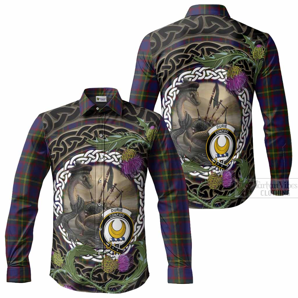 Durie Tartan Crest Bagpipe Nessie Long Sleeve Button Shirts Scottish Loch Ness Monster Celtic Thistle