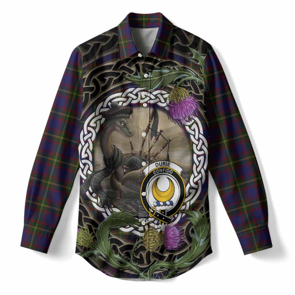 Durie Tartan Crest Bagpipe Nessie Women Casual Shirt Scottish Loch Ness Monster Celtic Thistle