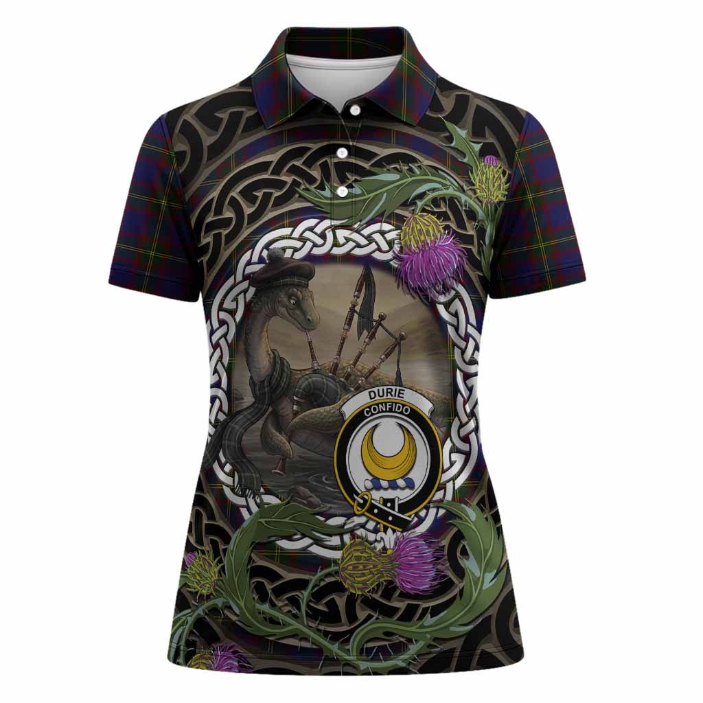 Durie Tartan Crest Bagpipe Nessie Women Polo Shirt Scottish Loch Ness Monster Celtic Thistle