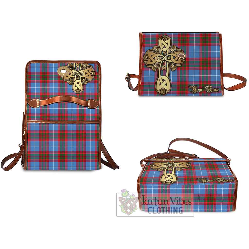Tartan Vibes Clothing Edinburgh City Tartan Waterproof Canvas Bag Golden Thistle Celtic Cross Style
