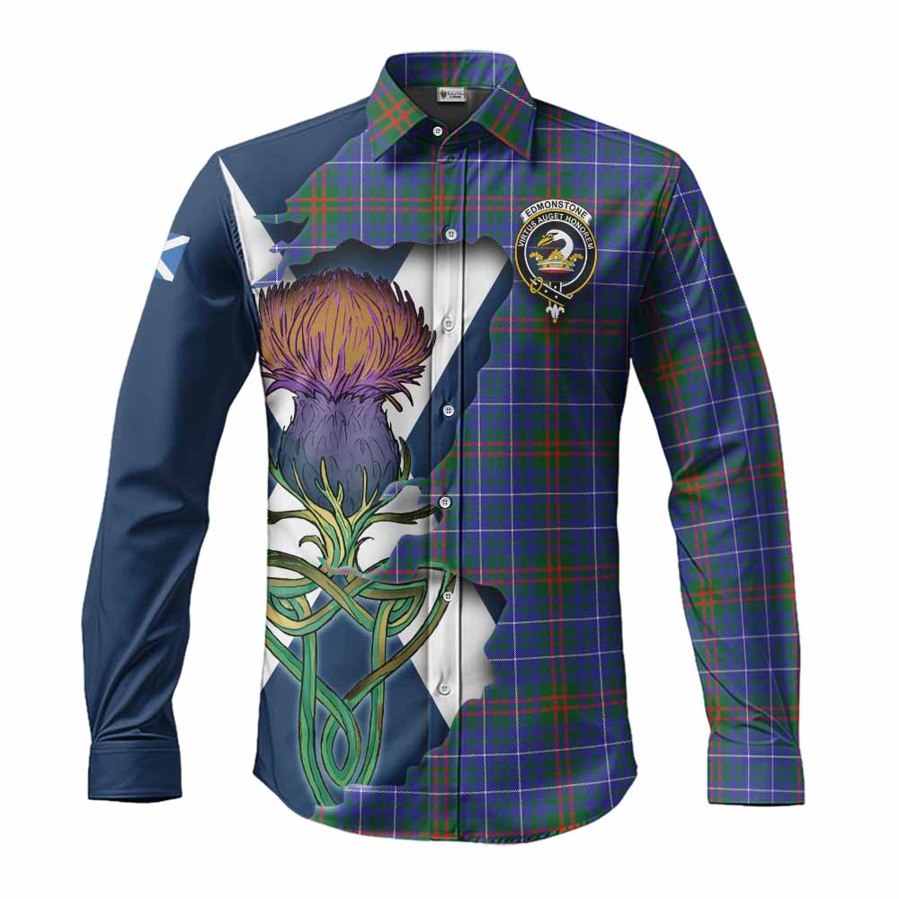 Tartan Vibes Clothing Edmonstone Tartan Family Crest Long Sleeve Button Shirt Scottish Thistle Celtic Inspired