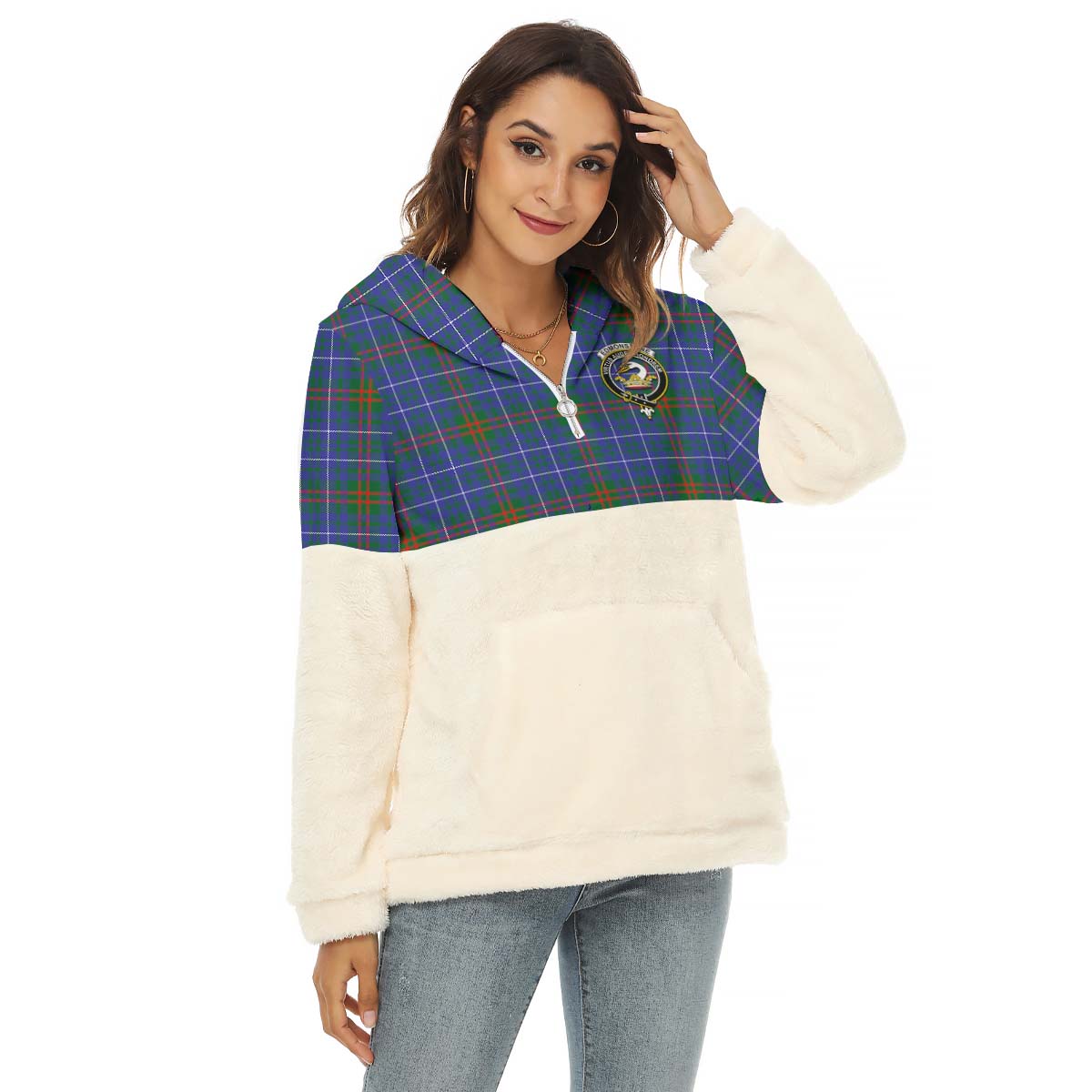 Edmonstone Tartan Half Style Women's Borg Fleece Hoodie with Half Zip with Family Crest Female - Tartan Vibes Clothing