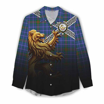 Edmonstone Crest Tartan Women's Casual Shirt with Golden Lion Emblem Celtic Style Female - Tartan Vibes Clothing