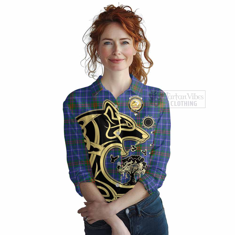 Edmonstone Tartan Women's Casual Shirt with Family Crest Celtic Wolf Style Female - Tartan Vibes Clothing