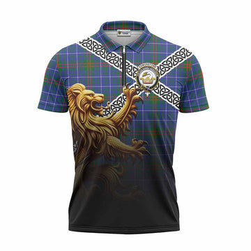 Edmonstone Crest Tartan Zipper Polo Shirt with Golden Lion Emblem Celtic Style Unisex - Tartan Vibes Clothing
