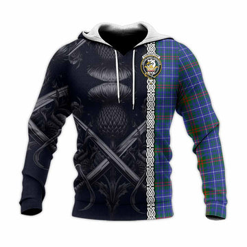 Edmonstone Tartan Knitted Hoodie with Family Crest Cross Sword Thistle Celtic Vibes Unisex Knitted Pullover Hoodie - Tartan Vibes Clothing