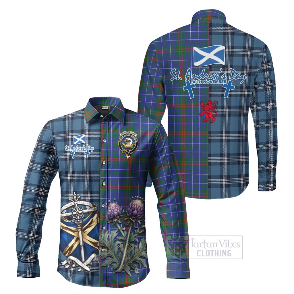 Edmonstone Tartan Long Sleeve Button Shirt Happy St. Andrew's Day Half Tartan Style Men's Shirt S - Tartan Vibes Clothing