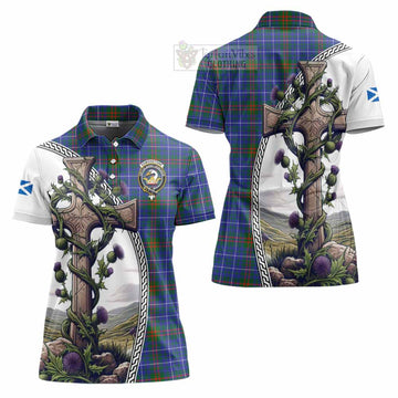 Edmonstone Tartan Women's Polo Shirt with Family Crest and St. Andrew's Cross Accented by Thistle Vines Women - Tartan Vibes Clothing