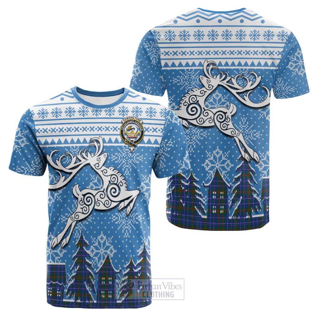 Tartan Vibes Clothing Edmonstone Clan Christmas Cotton T-shirt Celtic Reindeer Style