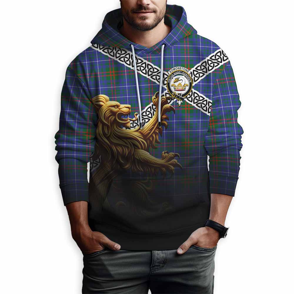 Tartan Vibes Clothing Edmonstone Crest Tartan Hoodie with Golden Lion Emblem Celtic Style